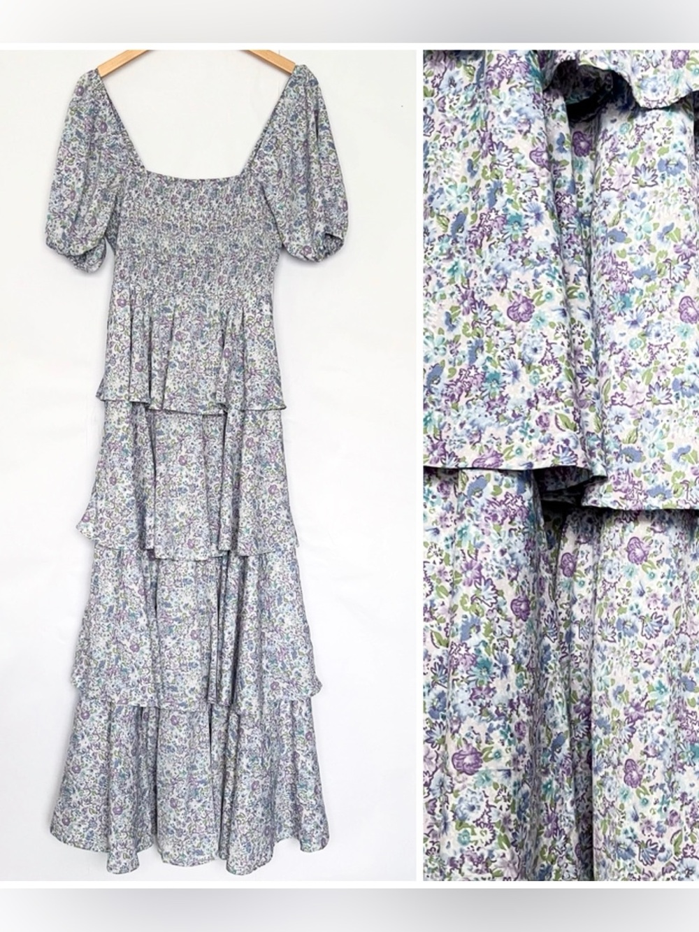 Entro Floral Smocked Maxi Dress Layered Ruffle Square Neck Blue Green Size Large